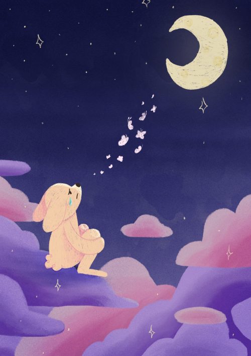 Sad bunny looking up at the moon while butterflies are flying towards the moon