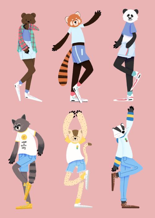 Multiple dancing animals in different outfits and poses